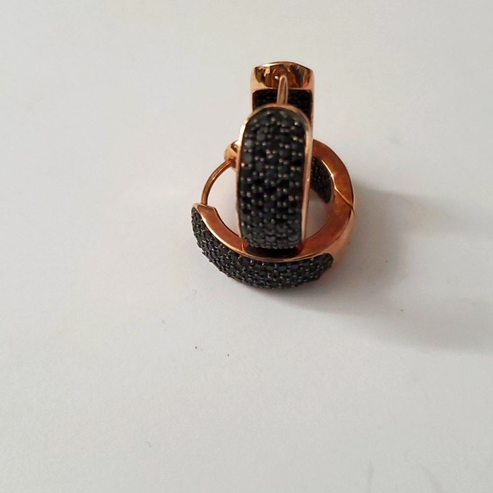 Vintage Gold Hoop Earrings with Black Pavé Stones